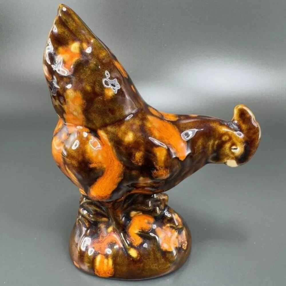 Vintage 1980s Folk Art Hand Glazed Chicken Hen Figurine Decorative Ceramic Decor